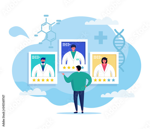 Online medicine concept vector illustration. Cartoon flat doctor team advising man patient character on health issues in social networks, professional virtual consultation service isolated on white