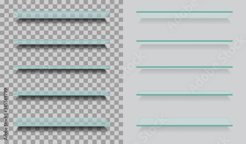 Glass shelves. Art empty ledge. Design glass surface. Empty bookshelf in library or panel for exhibition in store. Clear glass stand with furniture for marketing, advertising, merchandising. Vector.