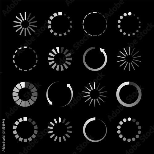 Icons of loader. Bar with circles for buffering of load. Symbols of progress loading. Menu interface for app, internet, computer, mobile on black background. Signs and arrows of wait download. Vector
