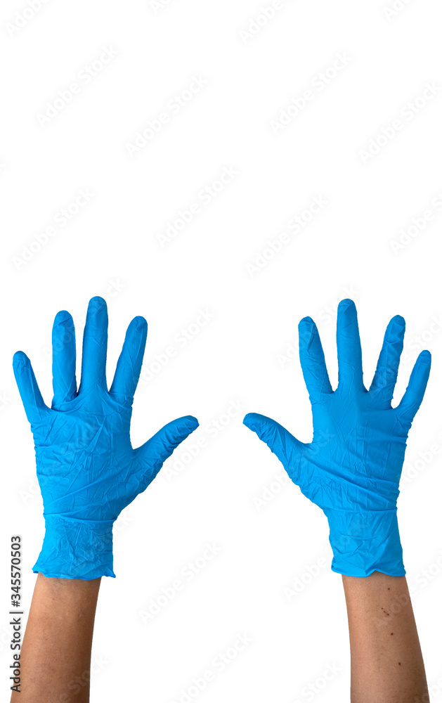 Obraz premium Human rising hands wearing blue disposable latex glove, rubber glove for professional medical safety and hygiene protection from Coronavirus disease COVID-19 and medical surgery white clipping path