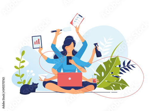 Multitasking. Busy woman with many arms doing many tasks at the same time. Vector flat illustration concept freelancer character work from home office. Time management. Data Analysis. Businesswoman