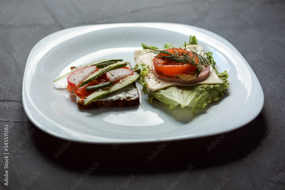Two tasty sandwiches on the white plate. Textured background.