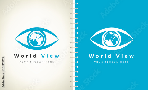 World view vector. Eye with planet earth logo. 