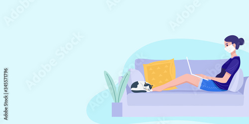 Work from home concept, A young woman sitting on sofa and working on laptop. Vector