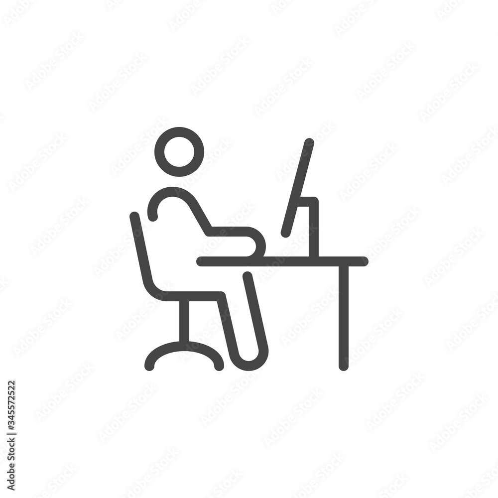 Remote Work. Line Symbol Worker Man at the Desk Designer-Freelancer. Icon in Outline Style From the Set Icons of Coworking and Workplace or Workspace. Custom Vector Pictogram Editable Stroke. Remote Work. Line Symbol Worker Man at the Desk Designer-Freelancer. Icon in Outline Style From the Set Icons of Coworking and Workplace or Workspace. Custom Vector Pictogram Editable Stroke.
