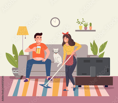 Man and cat  sitting on sofa and watching TV, Young woman with mop in the living room. Vector flat illustration.