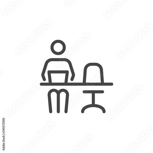 Remote Work. Line Symbol Worker Man at the Desk Designer-Freelancer. Icon in Outline Style From the Set Icons of Coworking and Workplace or Workspace. Custom Vector Pictogram Editable Stroke.