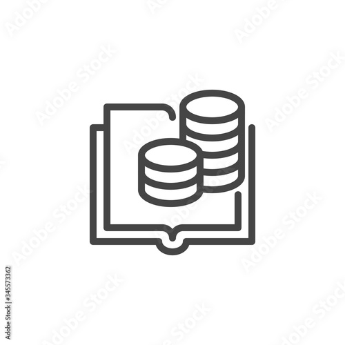 Thin Icon of Accountant, Accounting and Budget or Banking. Such Line Sign as Book Ledger and Cash coins. Custom Vector Pictogram EPS 10 for Web and App in Outline Style Editable Stroke.