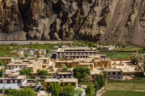 An aerial view of the ancient monastery and village of Tabo in the Spiti Valley in Himachal Pradesh, India. photo