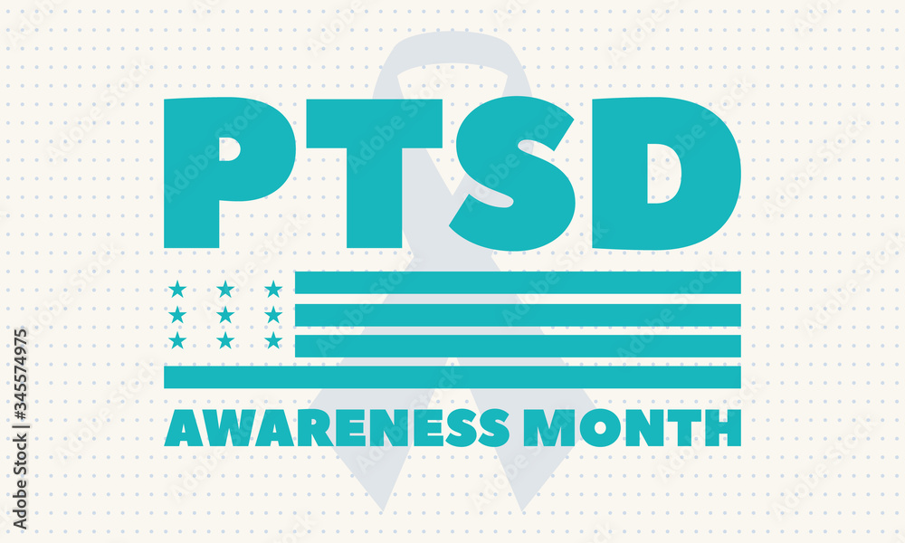 National PTSD Awareness Month is observed annually in June. The month is dedicated to raising awareness about the condition and how to access treatment. Background, poster, card, banner design. 