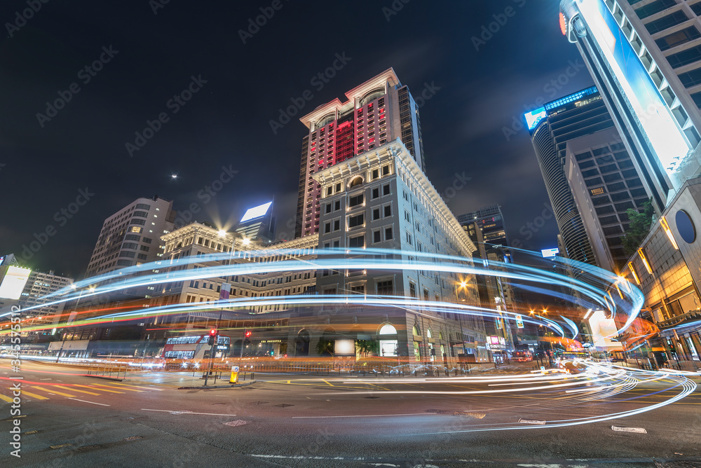 Night traffic in downtown of Hong Kong city