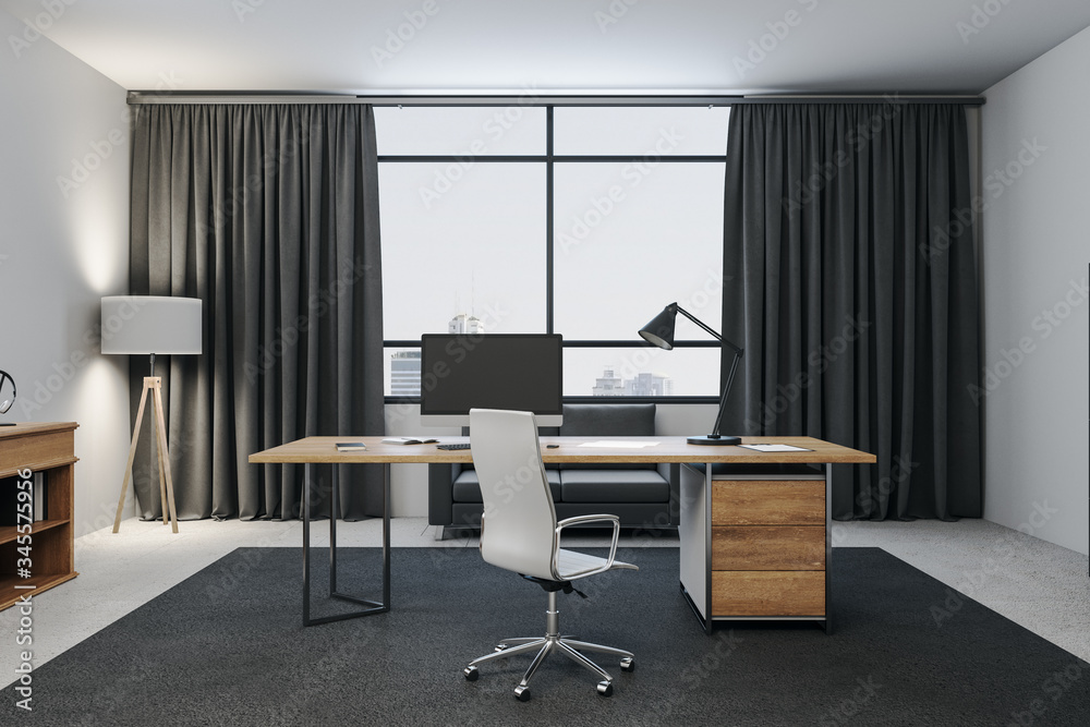 Minimalistic workspace manager in office interior Minimalistic workspace manager in office interior