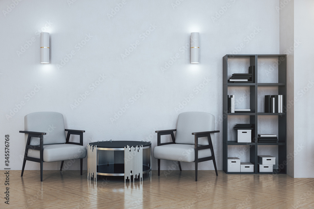Minimalistic office waiting room with blank wall Minimalistic office waiting room with blank wall