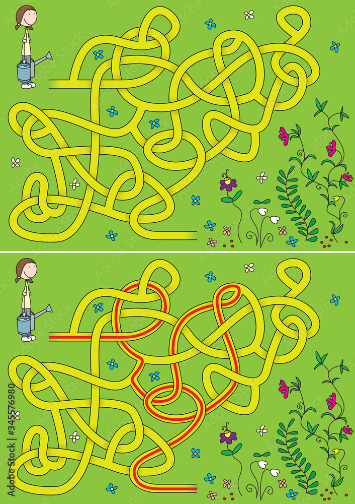 Girl watering flower garden maze Girl watering flower garden maze
