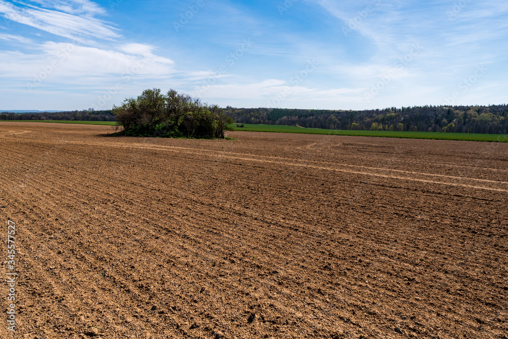 Agricultural field,brown soil farm landscape.Line of arable land.