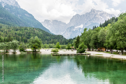 Lake Jasna in Slovenia with mountains in the background