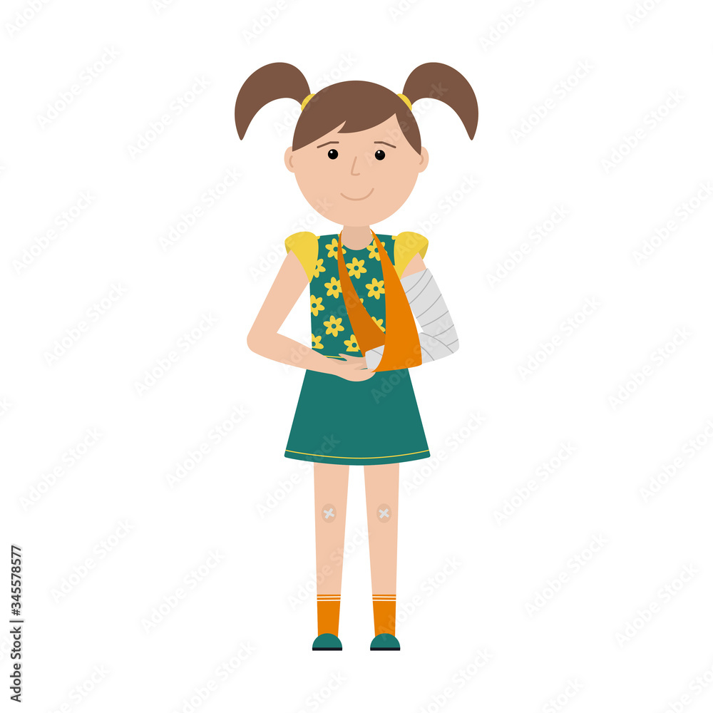 A girl with ponytails with a broken arm and a band-aid on her knees stands and smiles. The arm is bandaged and fixed with a cast. Color illustration with a child in a flat style. Isolated on white. A girl with ponytails with a broken arm and a band-aid on her knees stands and smiles. The arm is bandaged and fixed with a cast. Color illustration with a child in a flat style. Isolated on white.