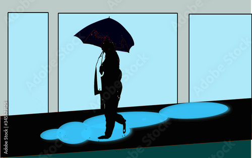 Mann mit Regenschirm geht durch Pfützen in der Stadt
