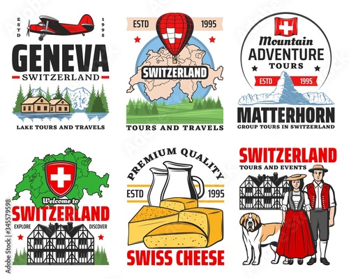 Switzerland travel to Swiss alps mountains vector icons. Switzerland map, architecture, culture and food. Geneva and Zurich landmark tours, Swiss culture and traditions, cheese and Matterhorn skiing