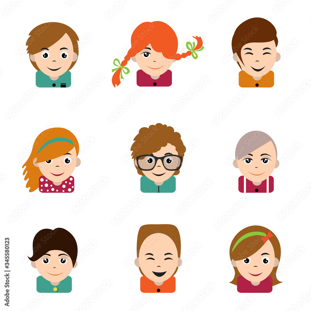 Avatar children people head. Various cartoon modern happy faces. Flat design vector illustration. Avatar children people head. Various cartoon modern happy faces. Flat design vector illustration.