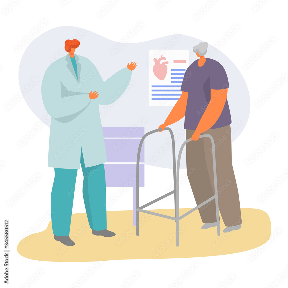 Patient on doctor appointment vector illustration. Cartoon flat senior character visiting cardiologist, old man on medical diagnostic consultation in hospital, elderly healthcare isolated on white