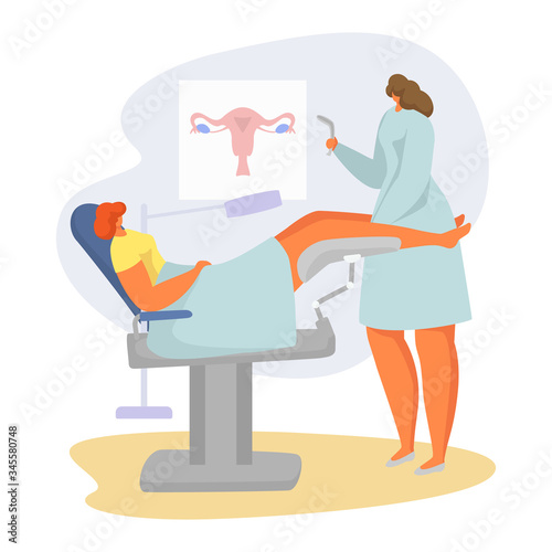 Patient on doctor appointment vector illustration. Cartoon flat gynecologist examining woman in clinic obstetrician cabinet interior, cervix checkup screening. Female healthcare isolated on white