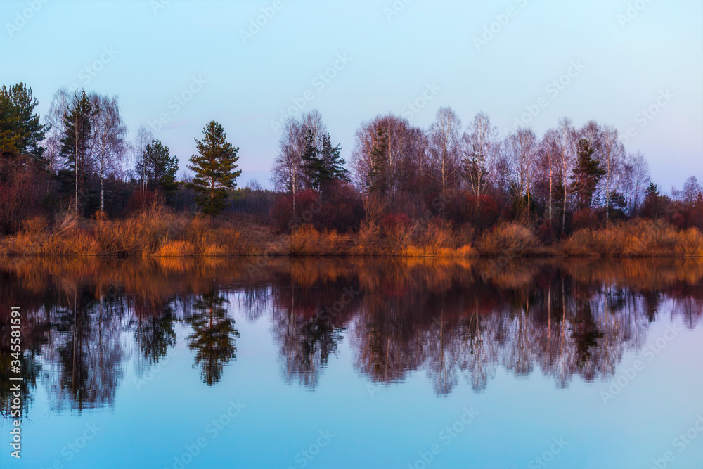 Panoramic soft focus photo of reflection in a river of trees at sunset. Trees are reflected in the river like sound waves. The music of the forest. Landscape collection 
