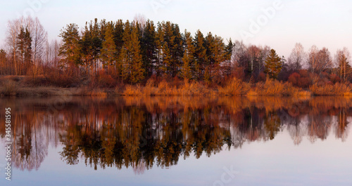 Panoramic soft focus photo of reflection in a river of trees at sunset. Trees are reflected in the river like sound waves. The music of the forest. Landscape collection 