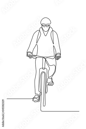 Cyclist in continuous line art drawing style. Man riding bicycle black linear sketch isolated on white background. Vector illustration