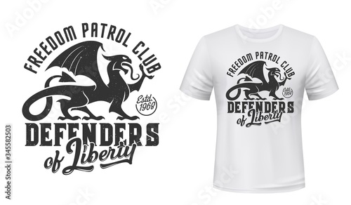 Griffin t-shirt print mockup, defender patrol club sign. Gothic griffon or gryphon creature with Defenders of Liberty quote for t shirt
