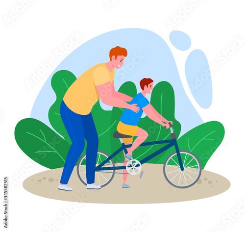 Father time with son vector illustration. Cartoon flat dad character teaching kid boy to ride bicycle, cycling in park, family outdoor summer sport activity, happy parenthood isolated on white