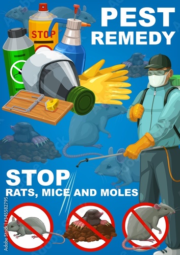 Pest remedy, rodents extermination, deratization sanitary control service vector poster. House rats, mice and moles pest control poison disinfection, mouse traps and fumigation disinfestation
