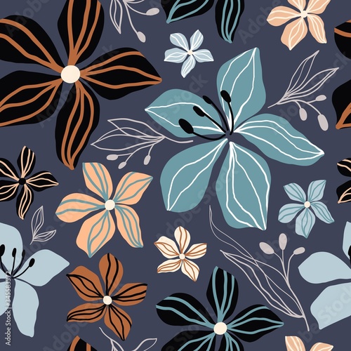 Floral abstract seamless pattern with different flowers, cut out shapes
