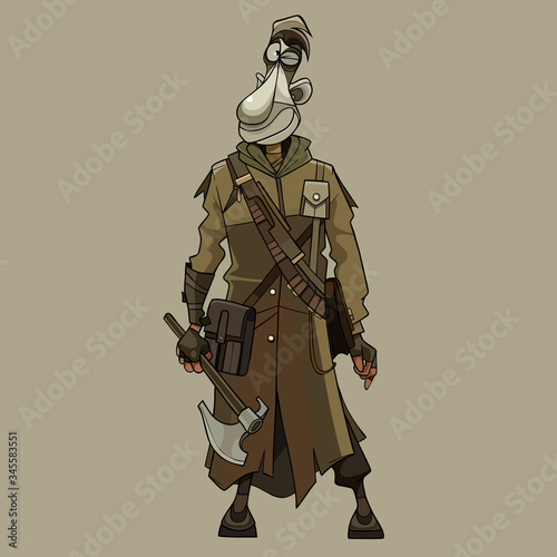 cartoon man in clothes of post apocalypse stands with an ax in his hand