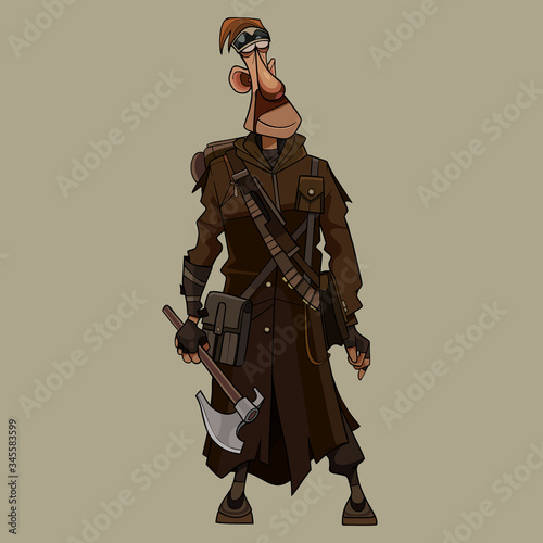 cartoon man in overcoat post apocalypse stands with an ax in hand