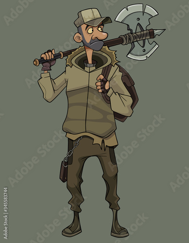cartoon man stands with a huge antique ax on his shoulder