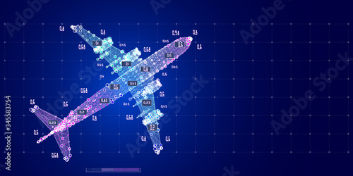 Abstract digital background with 3d grid airplane and data on blue. Wireframe mesh plane analytical concept engineering. Travel, tourism, transport. Big data.