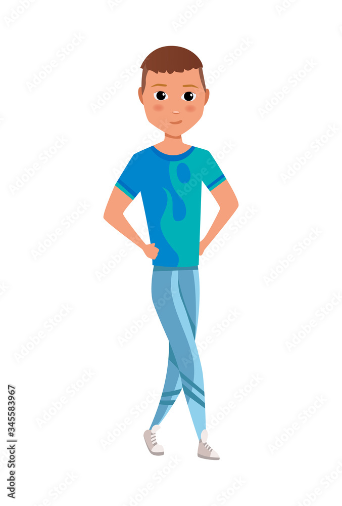 Vector illustration of young smiling men in casual cloth under the white background. Front view man