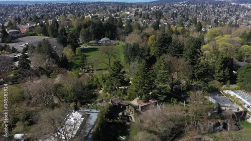 Aerial / drone footage of North Seattle near Phinney Ridge and the Woodland Park Zoo in Seattle, Washington during the COVID-19 pandemic closure photo