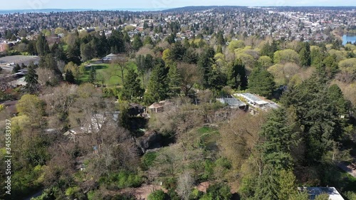 Aerial / drone footage of Phinney Ridge and the Woodland Park Zoo in Seattle, Washington during the COVID-19 pandemic closure photo