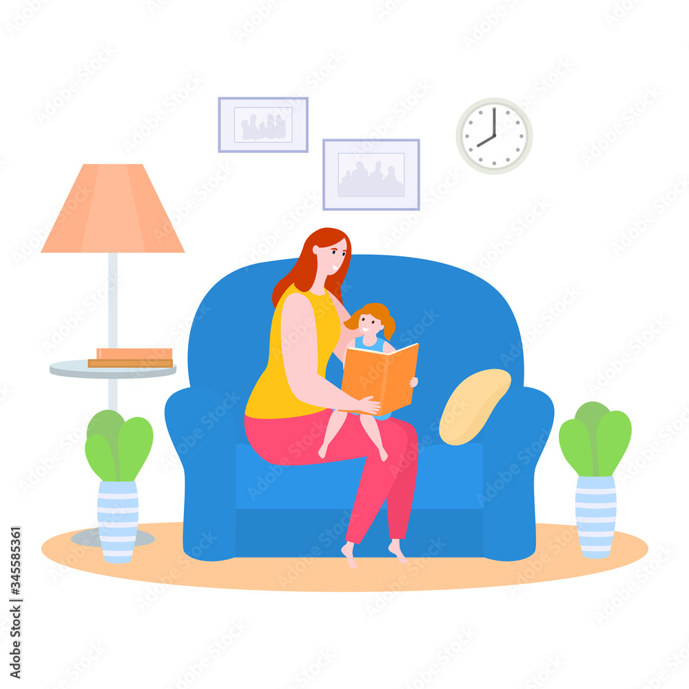 Mother time with daughter vector illustration. Cartoon flat mom character reading fairy tale story book to kid girl, sitting on sofa in home room interior. Happy parenthood concept isolated on white