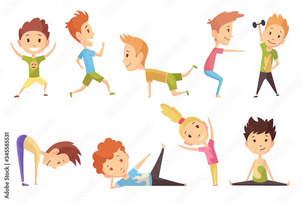 Fitness sport. Set of boys and girl making gymnastic exercises. Funny cartoon colorful characters. Cute gymnastics for children and healthy lifestyle sport illustration. Vector happy kids fitness