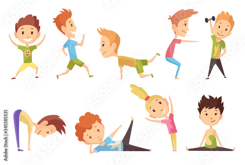Fitness sport. Set of boys and girl making gymnastic exercises. Funny cartoon colorful characters. Cute gymnastics for children and healthy lifestyle sport illustration. Vector happy kids fitness