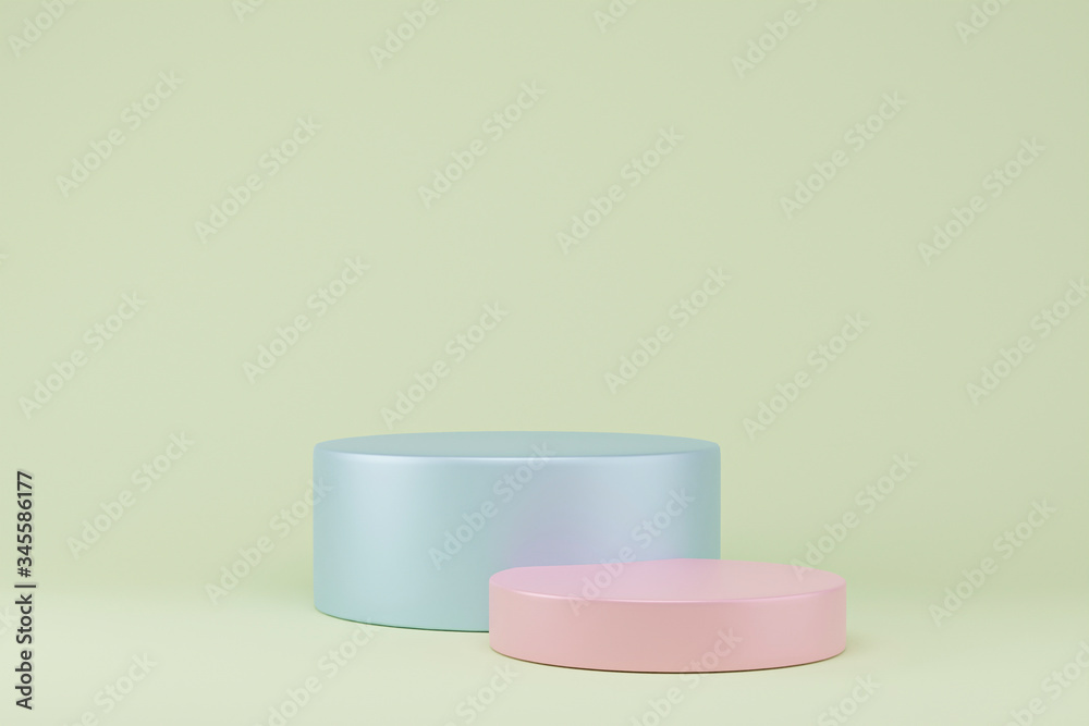 Pastel podiums on green background. Abstract minimal scene with geometrical. Scene to show cosmetic products presentation. Mock up design empty space. Showcase, shopfront, display case,3d render Pastel podiums on green background. Abstract minimal scene with geometrical. Scene to show cosmetic products presentation. Mock up design empty space. Showcase, shopfront, display case,3d render