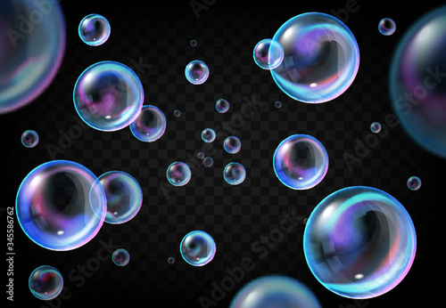 Soap bubbles on transparent background, realistic vector water foam balls with rainbow color reflections. Floating colorful soap bubbles, bath, shower and laundry objects design