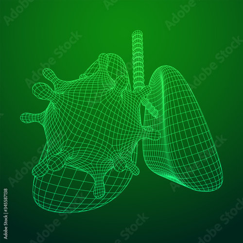 Corona Virus and Lungs with trachea bronchi internal organ human. Covid virus pulmonology medicine science concept. Wireframe low poly mesh vector illustration.