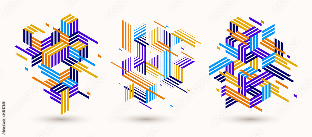 Linear striped abstract vector dimensional 3D backgrounds set with isolated retro style graphic element with cubes and triangles. Templates for posters or banners, covers or ads.