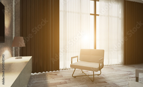 The interior of the living room in a minimalist style. Black curtain with tulle on a large window. comfortable chairs for watching TV. Sunset. 3D rendering