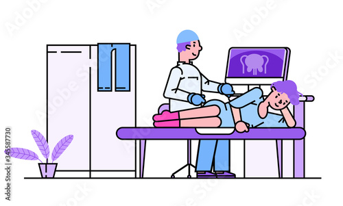 Patient visit doctor vector illustration. Cartoon line flat woman character on medical procedure for scanning internal organs with ultrasound machine. Female health diagnostic isolated on white
