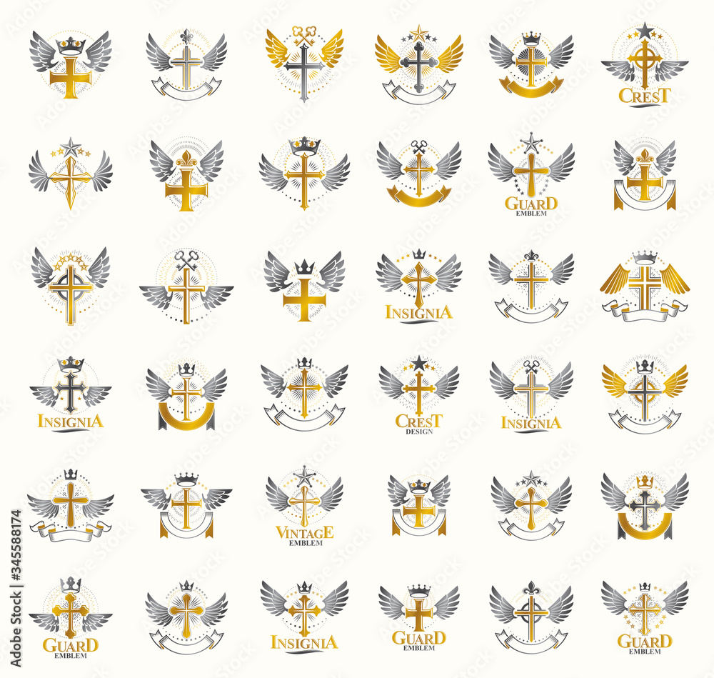 Fototapeta premium Vintage Christian crosses vector logos or emblems, heraldic design elements big set, classic style heraldry religion symbols, antique designs.